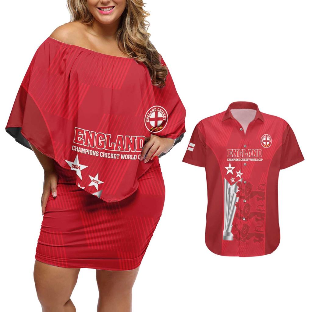 Custom England Cricket Couples Matching Off Shoulder Short Dress and Hawaiian Shirt 3rd Champions World Cup Proud