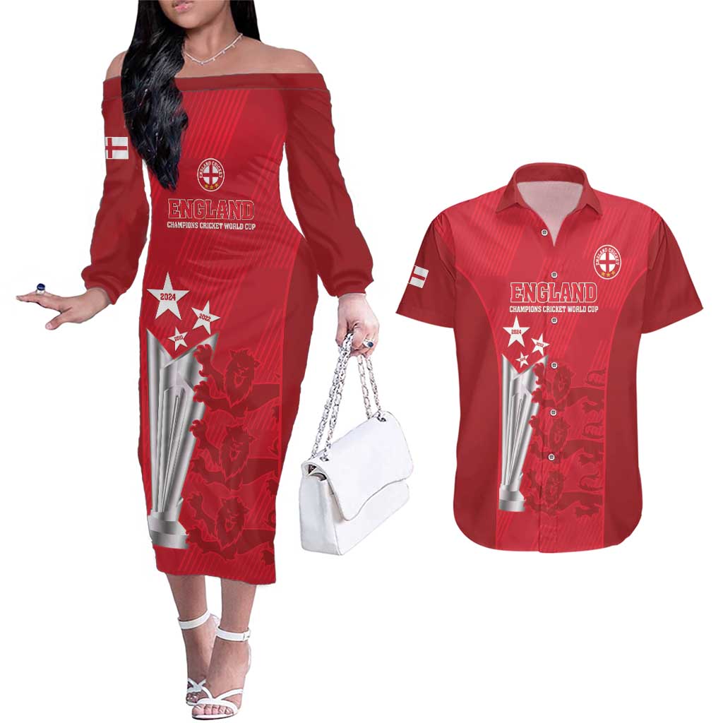 Custom England Cricket Couples Matching Off The Shoulder Long Sleeve Dress and Hawaiian Shirt 3rd Champions World Cup Proud