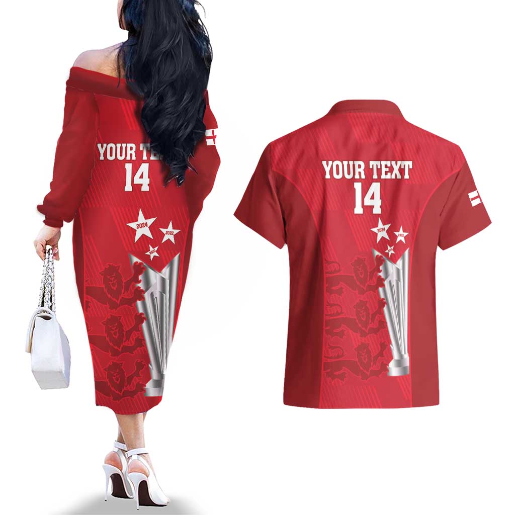 Custom England Cricket Couples Matching Off The Shoulder Long Sleeve Dress and Hawaiian Shirt 3rd Champions World Cup Proud