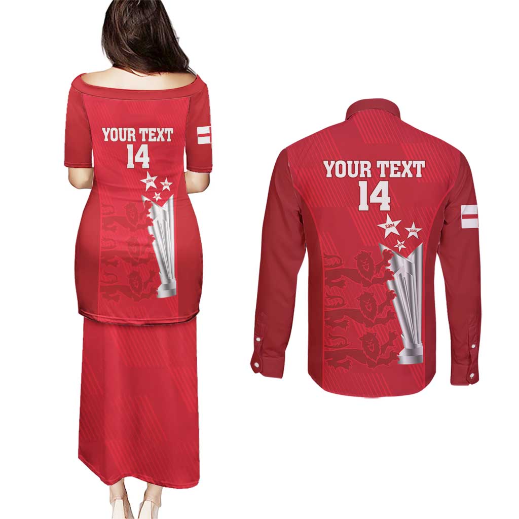 Custom England Cricket Couples Matching Puletasi and Long Sleeve Button Shirt 3rd Champions World Cup Proud