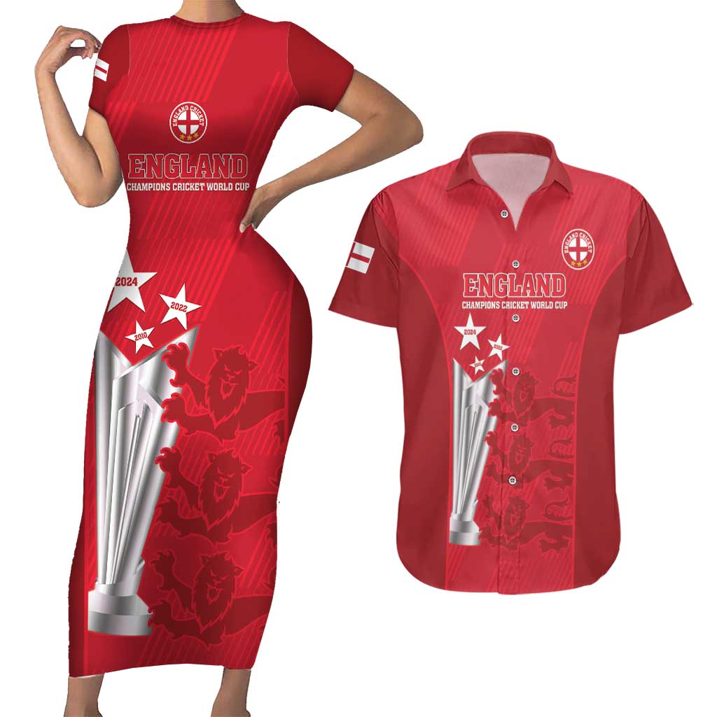 Custom England Cricket Couples Matching Short Sleeve Bodycon Dress and Hawaiian Shirt 3rd Champions World Cup Proud