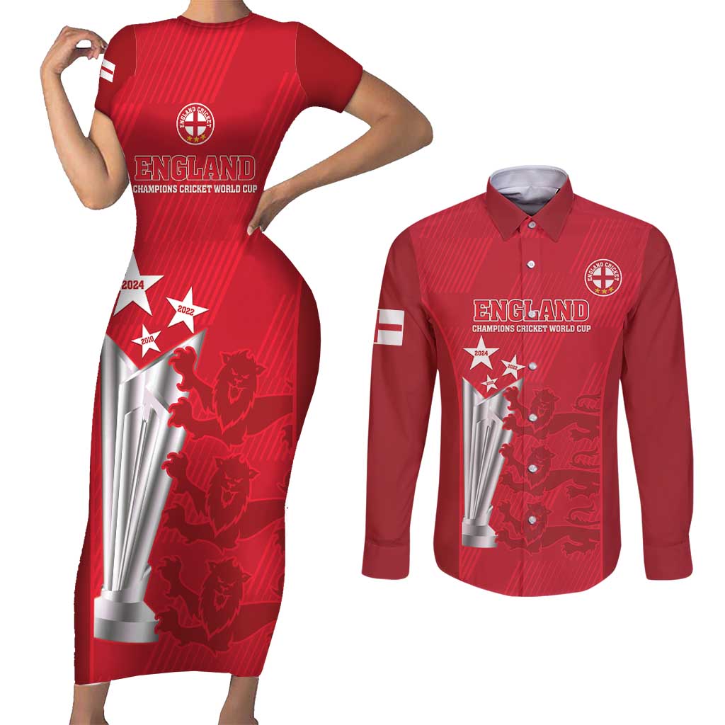 Custom England Cricket Couples Matching Short Sleeve Bodycon Dress and Long Sleeve Button Shirt 3rd Champions World Cup Proud
