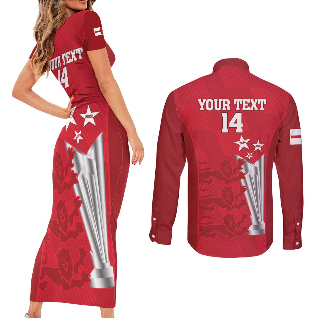 Custom England Cricket Couples Matching Short Sleeve Bodycon Dress and Long Sleeve Button Shirt 3rd Champions World Cup Proud
