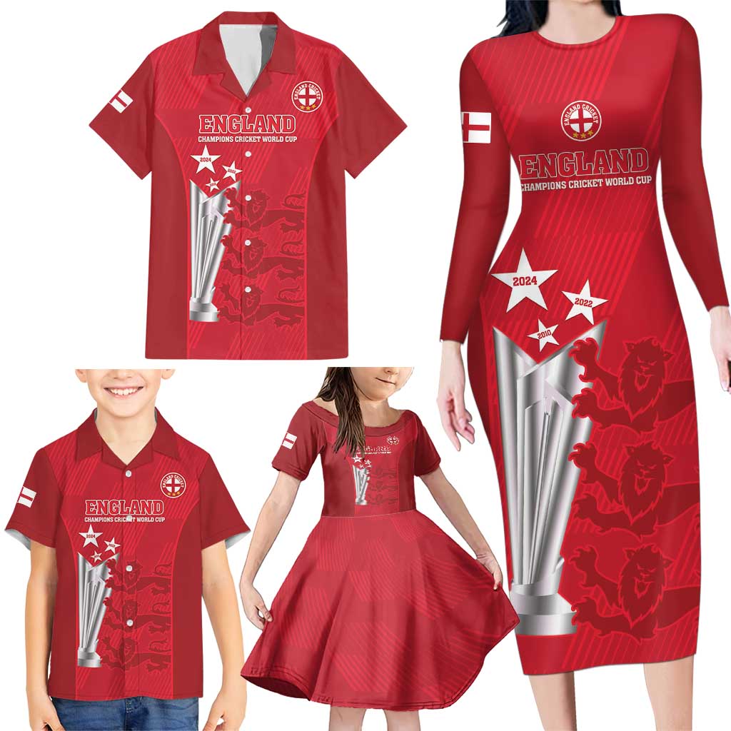Custom England Cricket Family Matching Long Sleeve Bodycon Dress and Hawaiian Shirt 3rd Champions World Cup Proud