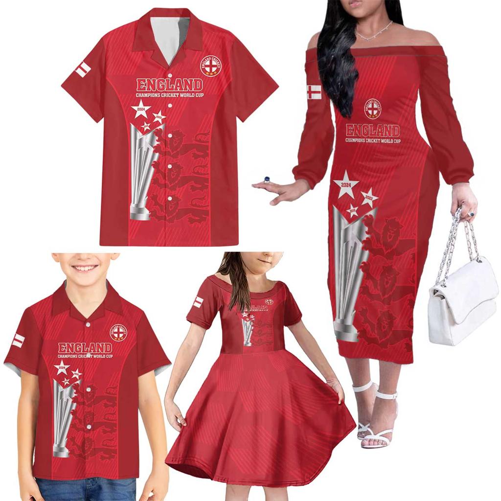 Custom England Cricket Family Matching Off The Shoulder Long Sleeve Dress and Hawaiian Shirt 3rd Champions World Cup Proud