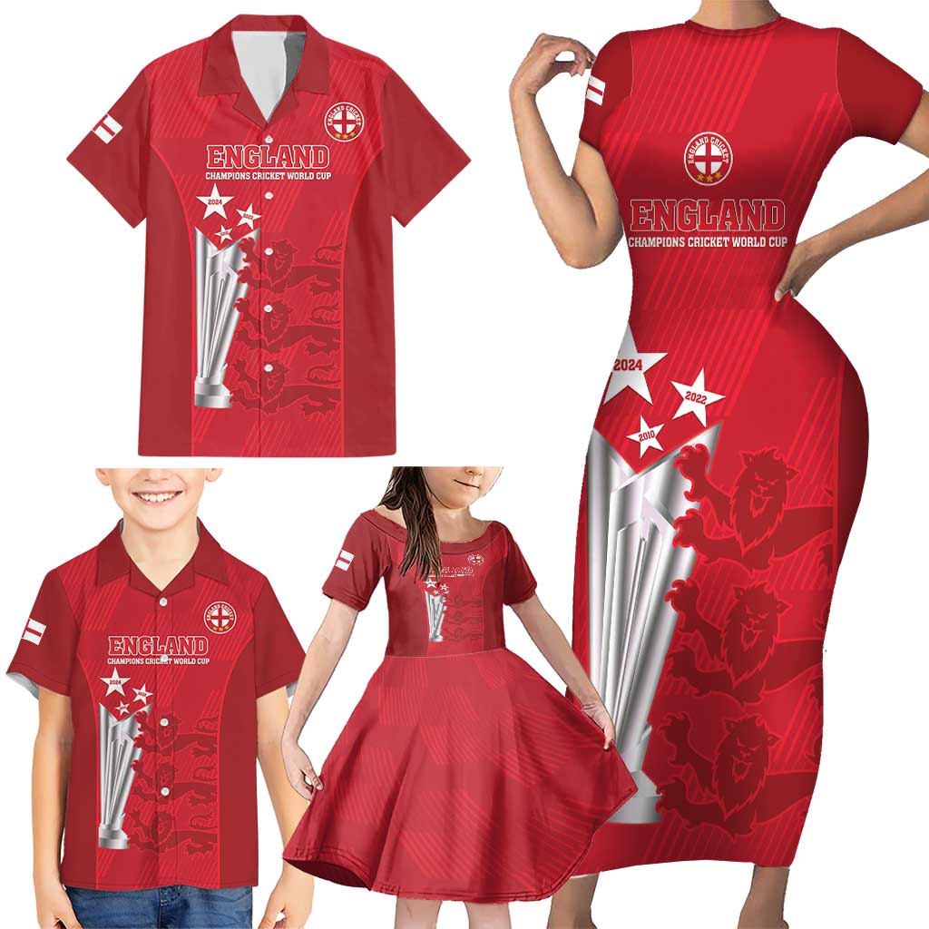 Custom England Cricket Family Matching Short Sleeve Bodycon Dress and Hawaiian Shirt 3rd Champions World Cup Proud