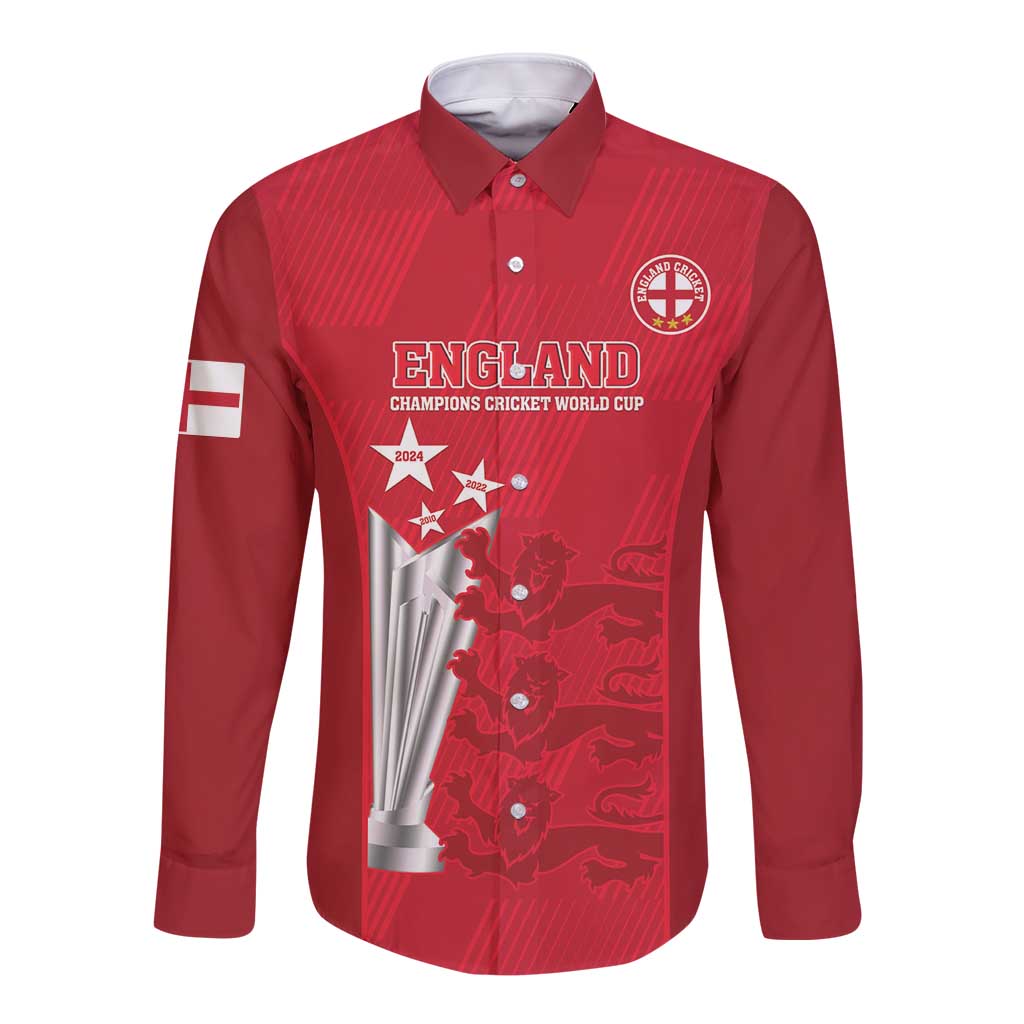 Custom England Cricket Long Sleeve Button Shirt 3rd Champions World Cup Proud