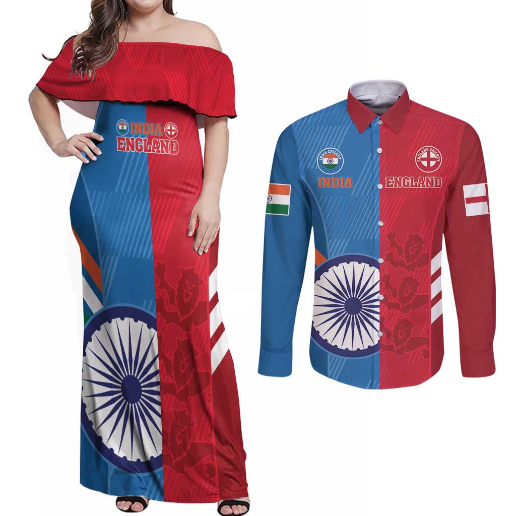 Custom India And England Cricket Couples Matching Off Shoulder Maxi Dress and Long Sleeve Button Shirt 2024 Together Dynamic Version
