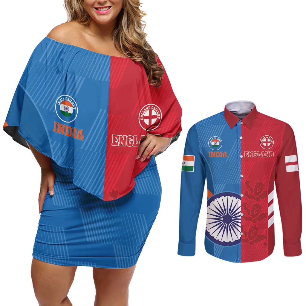 Custom India And England Cricket Couples Matching Off Shoulder Short Dress and Long Sleeve Button Shirt 2024 Together Dynamic Version