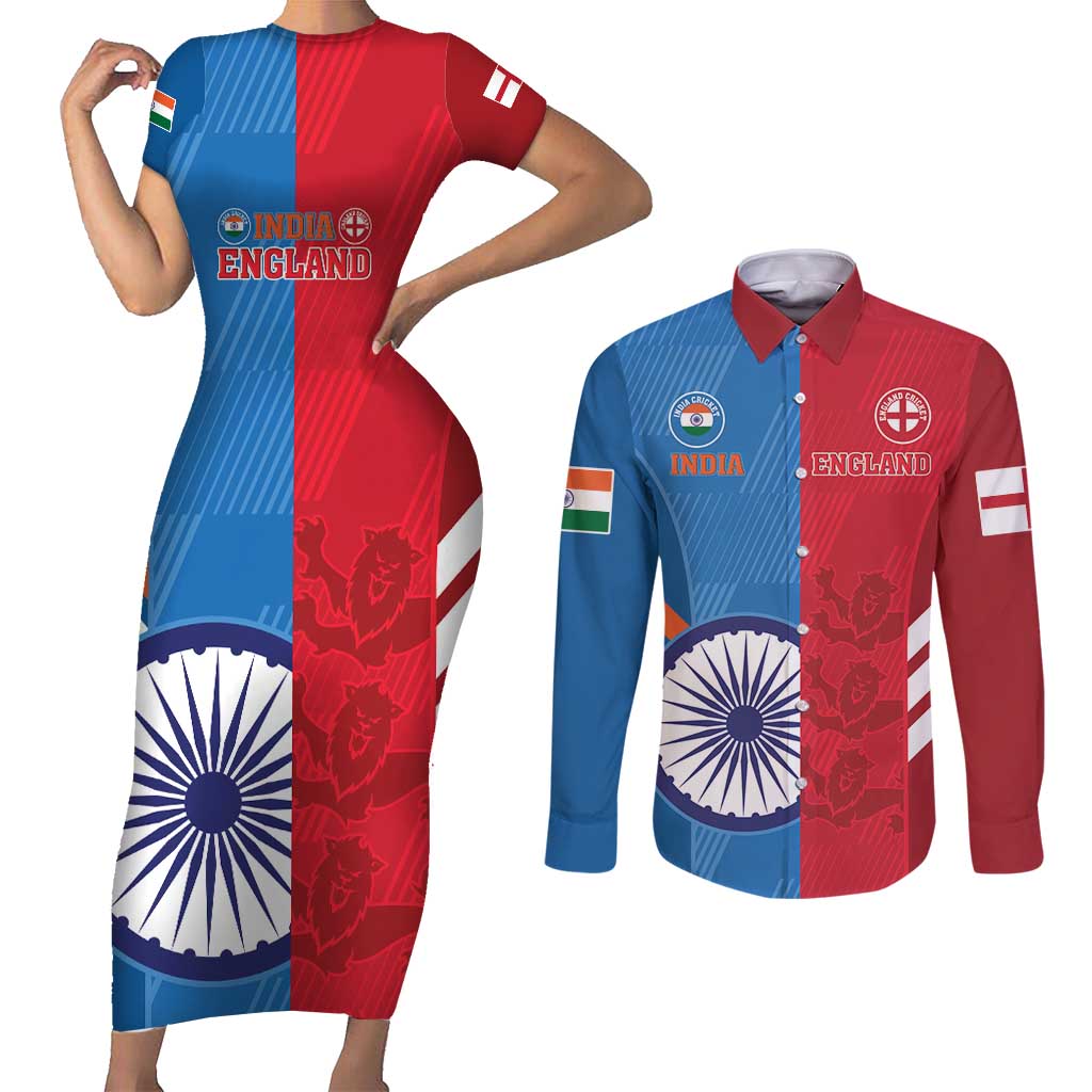 Custom India And England Cricket Couples Matching Short Sleeve Bodycon Dress and Long Sleeve Button Shirt 2024 Together Dynamic Version