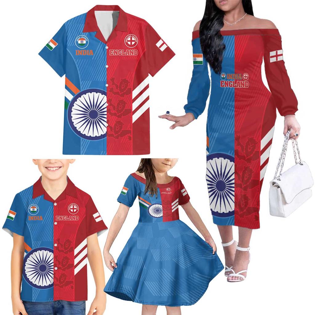 Custom India And England Cricket Family Matching Off The Shoulder Long Sleeve Dress and Hawaiian Shirt 2024 Together Dynamic Version