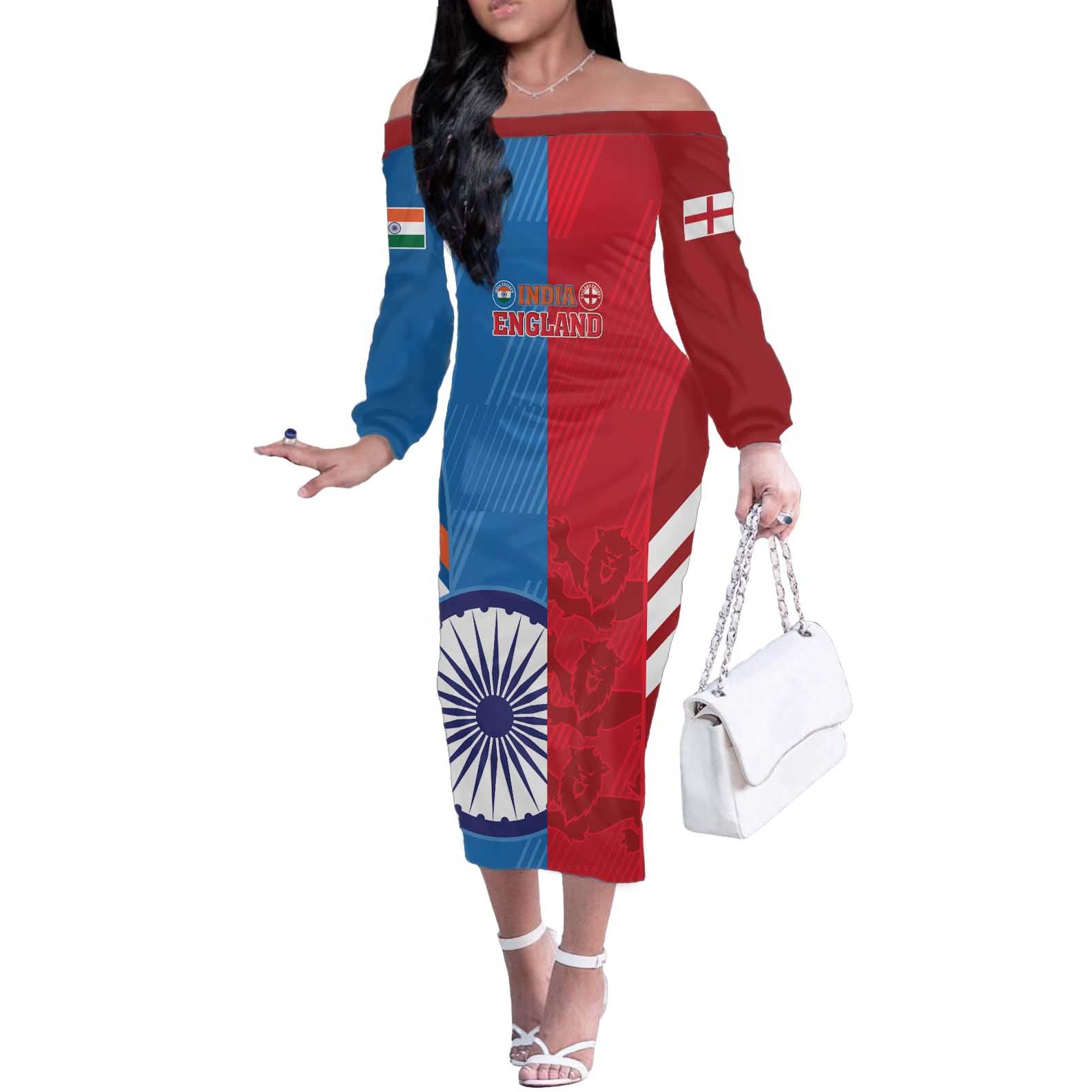 Custom India And England Cricket Off The Shoulder Long Sleeve Dress 2024 Together Dynamic Version