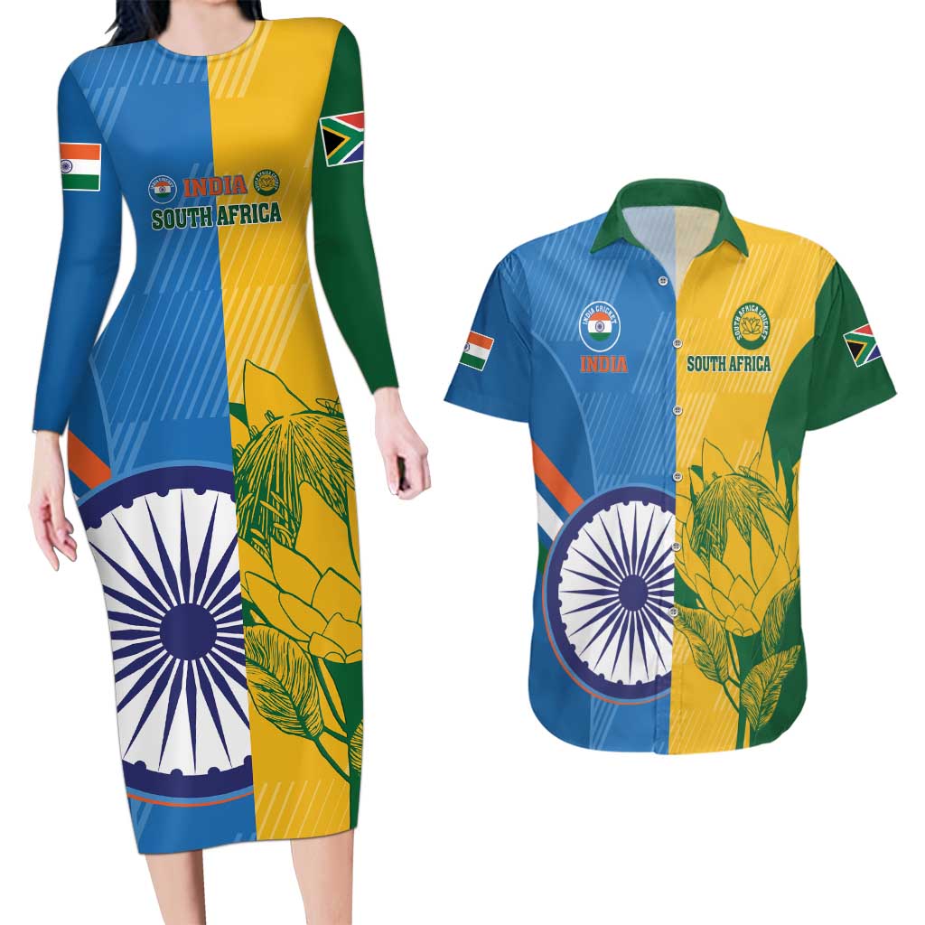 Custom India And South Africa Cricket Couples Matching Long Sleeve Bodycon Dress and Hawaiian Shirt 2024 Together Dynamic Version