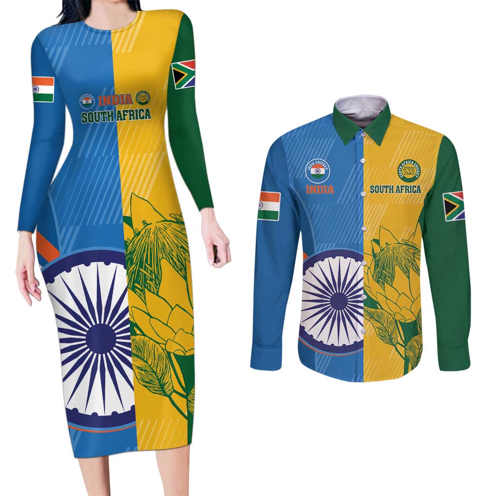 Custom India And South Africa Cricket Couples Matching Long Sleeve Bodycon Dress and Long Sleeve Button Shirt 2024 Together Dynamic Version