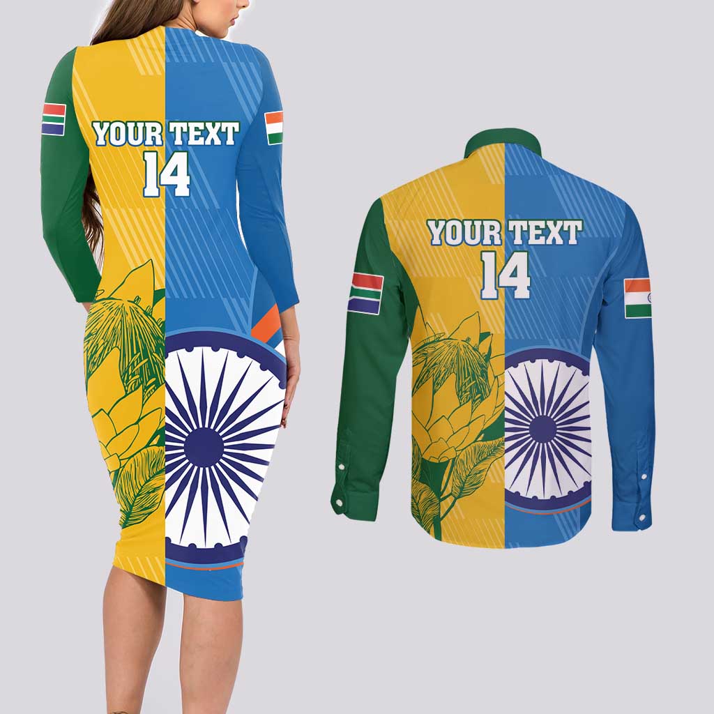 Custom India And South Africa Cricket Couples Matching Long Sleeve Bodycon Dress and Long Sleeve Button Shirt 2024 Together Dynamic Version