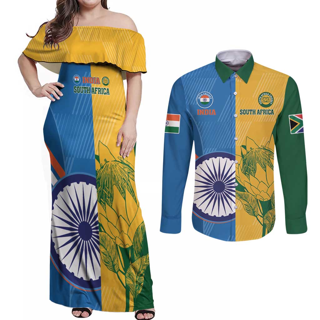 Custom India And South Africa Cricket Couples Matching Off Shoulder Maxi Dress and Long Sleeve Button Shirt 2024 Together Dynamic Version