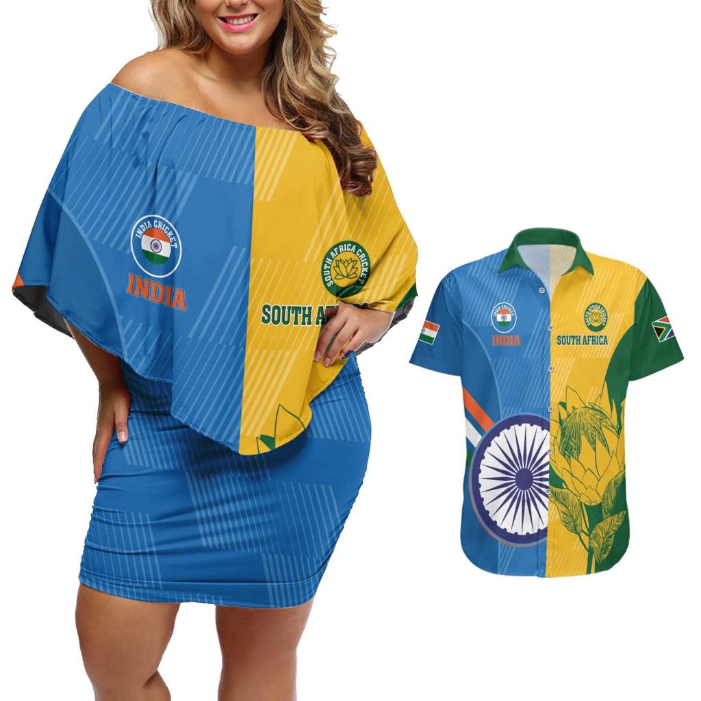 Custom India And South Africa Cricket Couples Matching Off Shoulder Short Dress and Hawaiian Shirt 2024 Together Dynamic Version