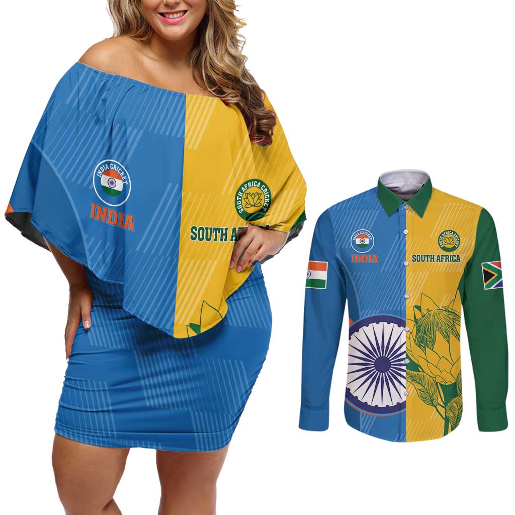 Custom India And South Africa Cricket Couples Matching Off Shoulder Short Dress and Long Sleeve Button Shirt 2024 Together Dynamic Version