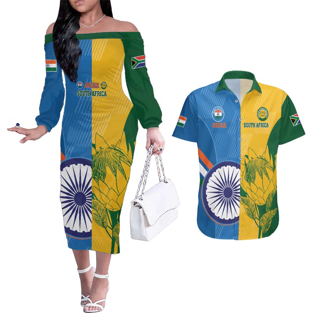 Custom India And South Africa Cricket Couples Matching Off The Shoulder Long Sleeve Dress and Hawaiian Shirt 2024 Together Dynamic Version