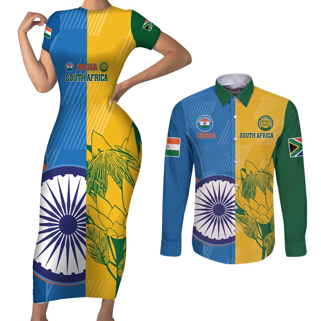 Custom India And South Africa Cricket Couples Matching Short Sleeve Bodycon Dress and Long Sleeve Button Shirt 2024 Together Dynamic Version