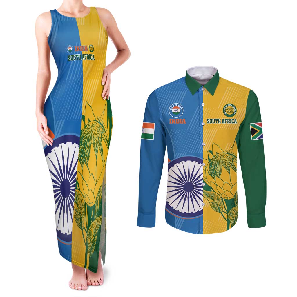 Custom India And South Africa Cricket Couples Matching Tank Maxi Dress and Long Sleeve Button Shirt 2024 Together Dynamic Version