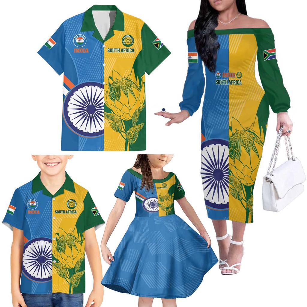 Custom India And South Africa Cricket Family Matching Off The Shoulder Long Sleeve Dress and Hawaiian Shirt 2024 Together Dynamic Version