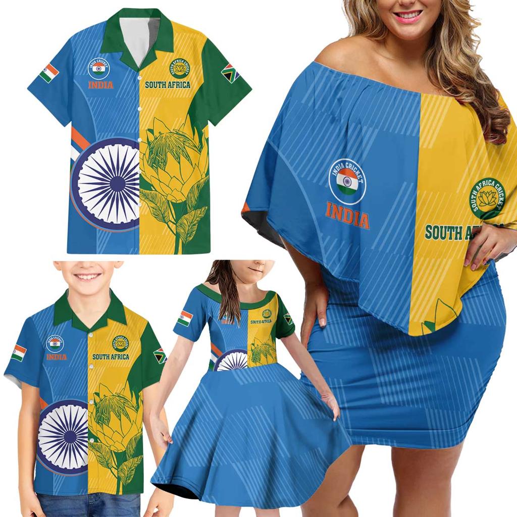 Custom India And South Africa Cricket Family Matching Off Shoulder Short Dress and Hawaiian Shirt 2024 Together Dynamic Version