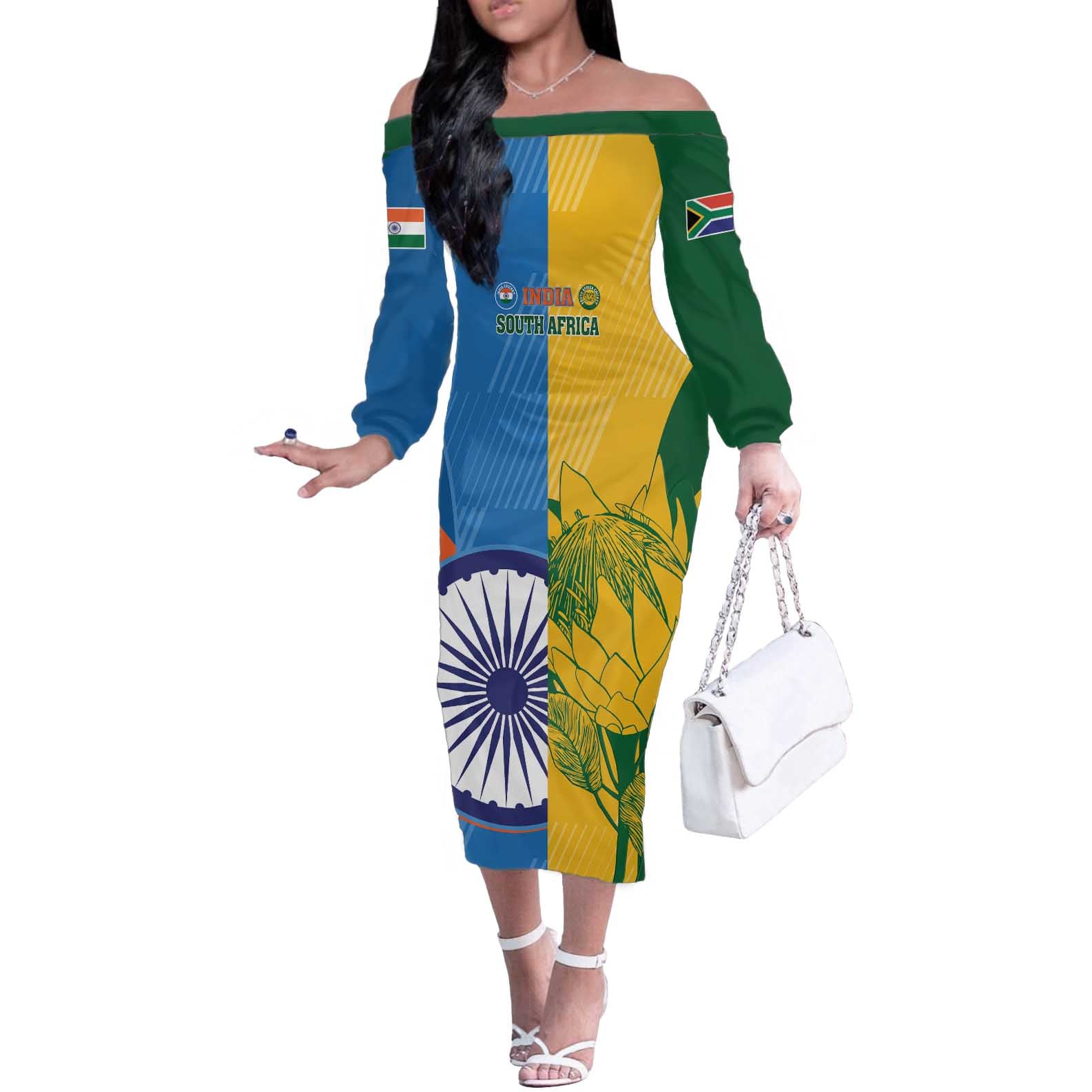 Custom India And South Africa Cricket Off The Shoulder Long Sleeve Dress 2024 Together Dynamic Version