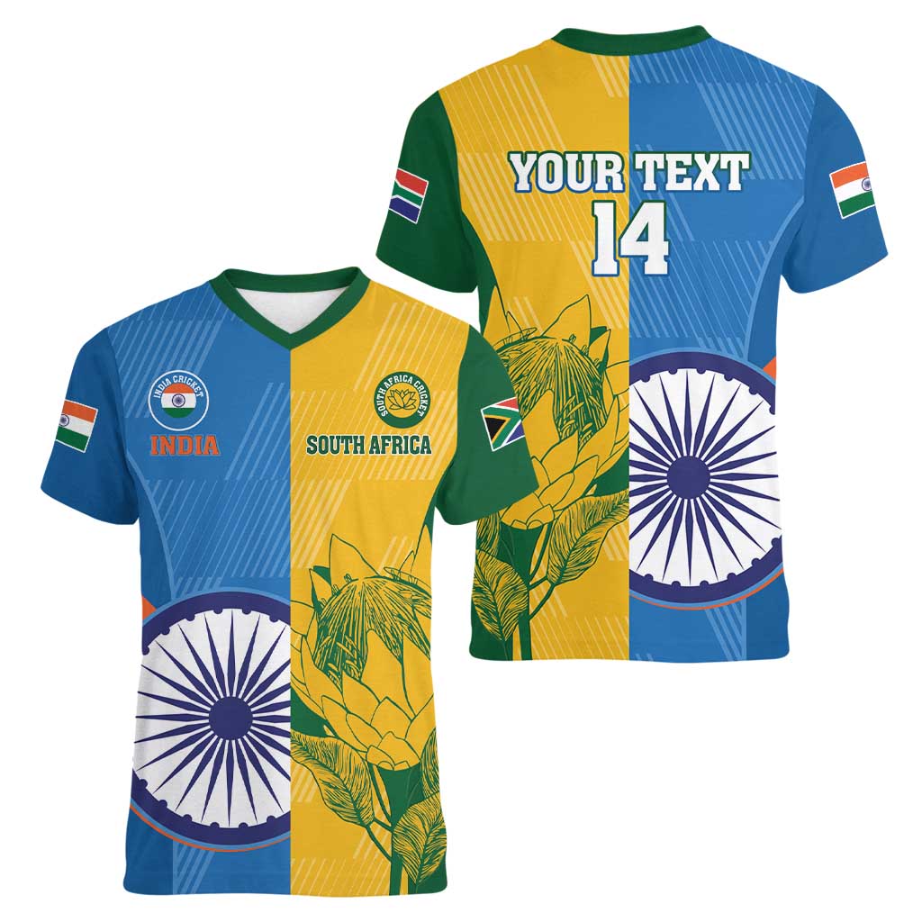 Custom India And South Africa Cricket Women V-Neck T-Shirt 2024 Together Dynamic Version