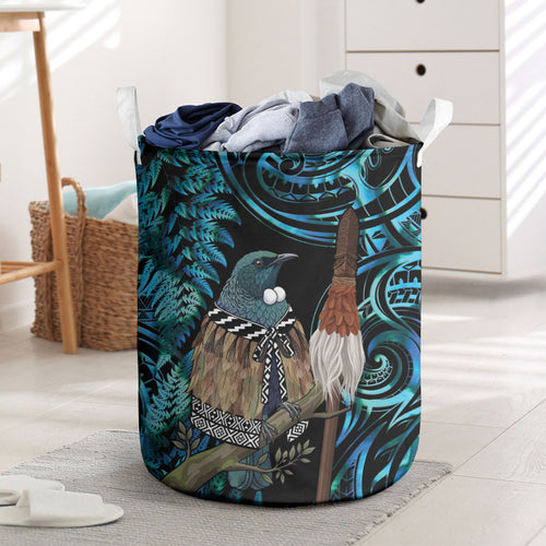 New Zealand Tui Bird Taiaha Laundry Basket Maori Weapon Paua Shell Mix Silver Fern