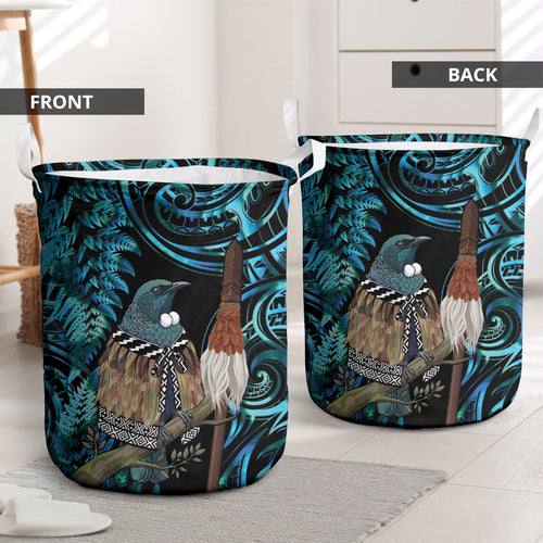 New Zealand Tui Bird Taiaha Laundry Basket Maori Weapon Paua Shell Mix Silver Fern