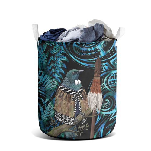 New Zealand Tui Bird Taiaha Laundry Basket Maori Weapon Paua Shell Mix Silver Fern