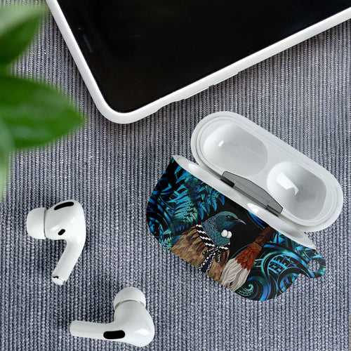New Zealand Tui Bird Taiaha AirPods Case Maori Weapon Paua Shell Mix Silver Fern