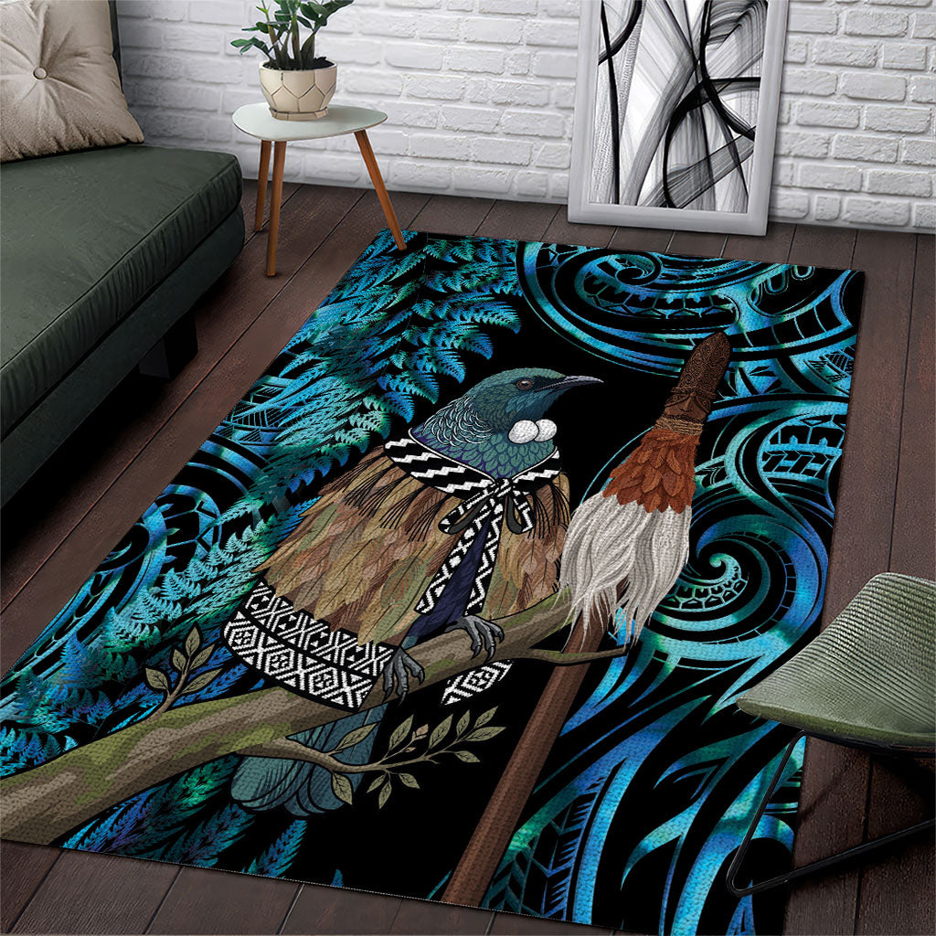 New Zealand Tui Bird Taiaha Area Rug Maori Weapon Paua Shell Mix Silver Fern
