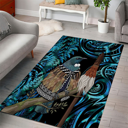 New Zealand Tui Bird Taiaha Area Rug Maori Weapon Paua Shell Mix Silver Fern