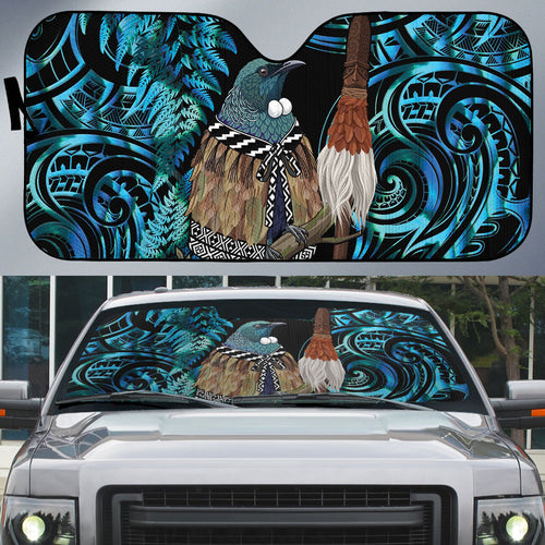 New Zealand Tui Bird Taiaha Auto Sun Shade Maori Weapon Paua Shell Mix Silver Fern