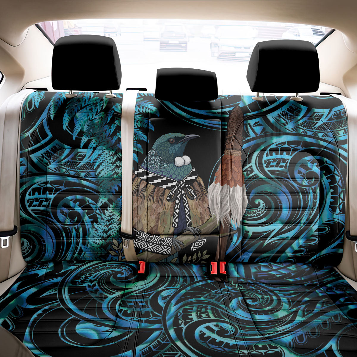 New Zealand Tui Bird Taiaha Back Car Seat Cover Maori Weapon Paua Shell Mix Silver Fern