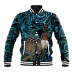 New Zealand Tui Bird Taiaha Baseball Jacket Maori Weapon Paua Shell Mix Silver Fern