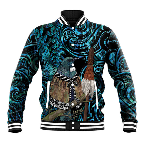 New Zealand Tui Bird Taiaha Baseball Jacket Maori Weapon Paua Shell Mix Silver Fern