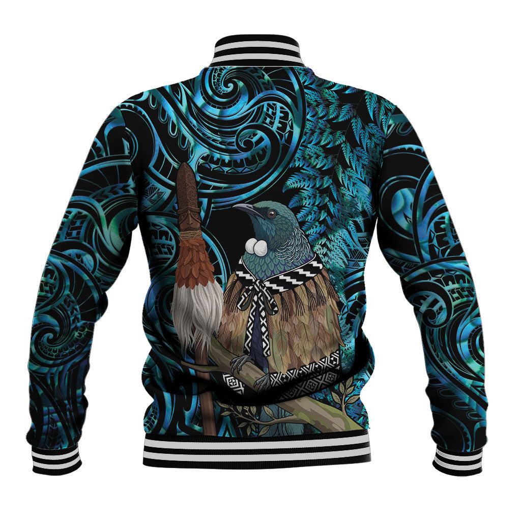 New Zealand Tui Bird Taiaha Baseball Jacket Maori Weapon Paua Shell Mix Silver Fern