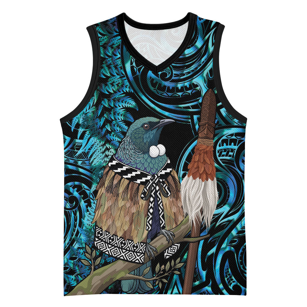 New Zealand Tui Bird Taiaha Basketball Jersey Maori Weapon Paua Shell Mix Silver Fern