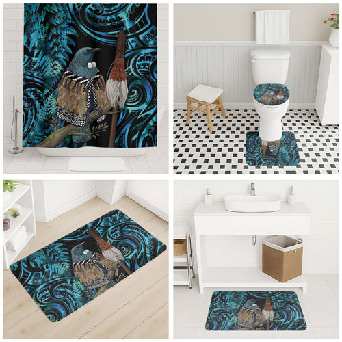 New Zealand Tui Bird Taiaha Bathroom Set Maori Weapon Paua Shell Mix Silver Fern