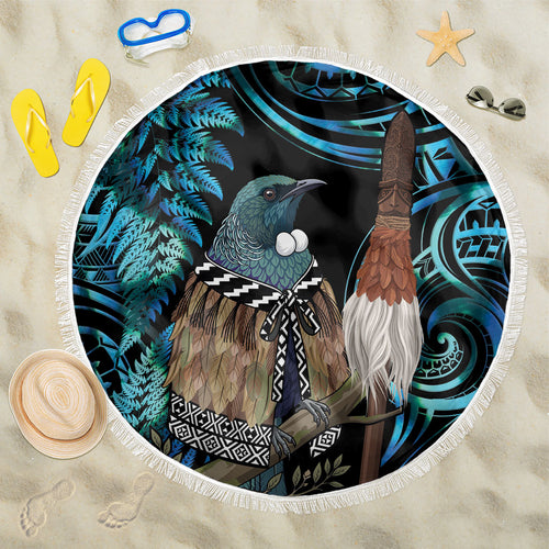 New Zealand Tui Bird Taiaha Beach Blanket Maori Weapon Paua Shell Mix Silver Fern