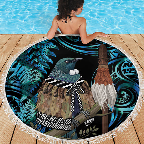 New Zealand Tui Bird Taiaha Beach Blanket Maori Weapon Paua Shell Mix Silver Fern