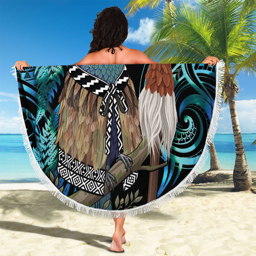 New Zealand Tui Bird Taiaha Beach Blanket Maori Weapon Paua Shell Mix Silver Fern