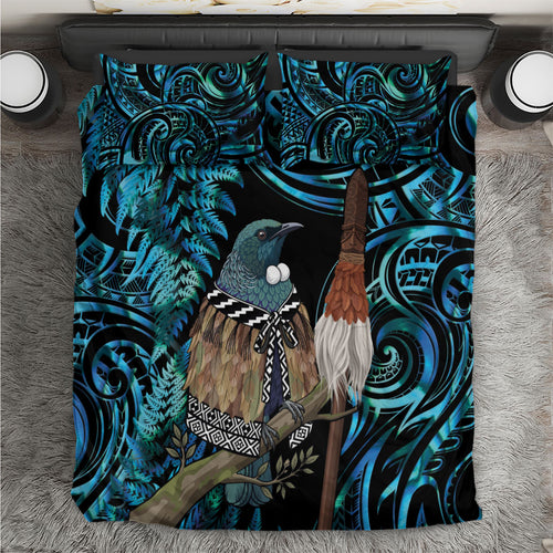 New Zealand Tui Bird Taiaha Bedding Set Maori Weapon Paua Shell Mix Silver Fern