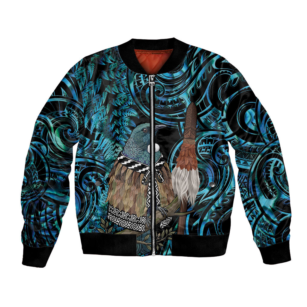 New Zealand Tui Bird Taiaha Bomber Jacket Maori Weapon Paua Shell Mix Silver Fern