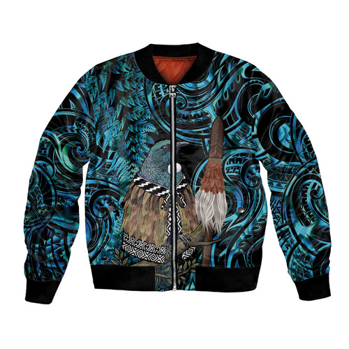 New Zealand Tui Bird Taiaha Bomber Jacket Maori Weapon Paua Shell Mix Silver Fern