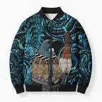 New Zealand Tui Bird Taiaha Bomber Puffer Jacket Maori Weapon Paua Shell Mix Silver Fern