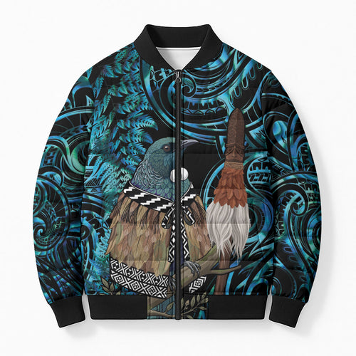New Zealand Tui Bird Taiaha Bomber Puffer Jacket Maori Weapon Paua Shell Mix Silver Fern